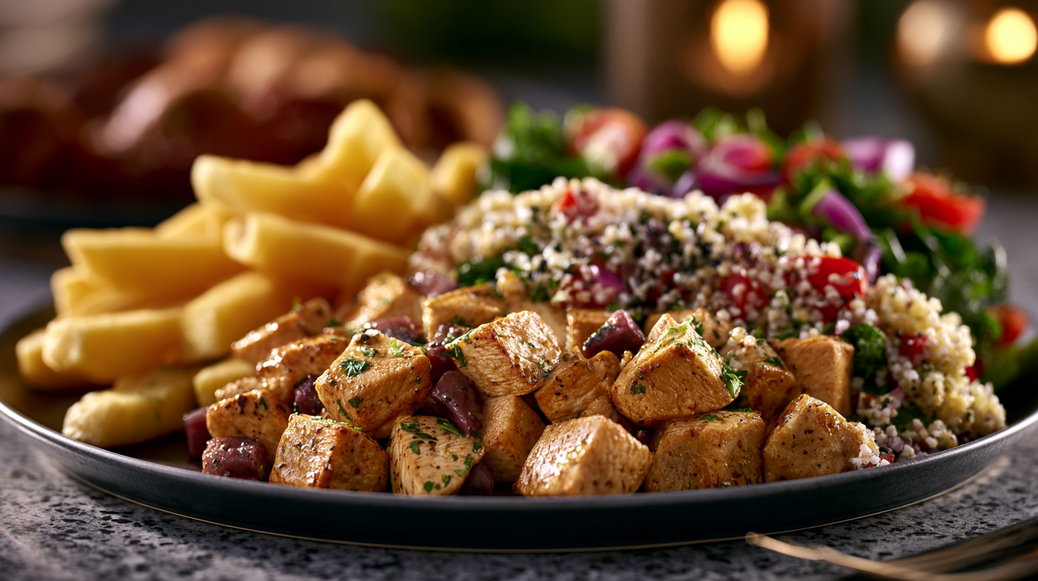 Assiette kebab avec frites, taboulé et salade