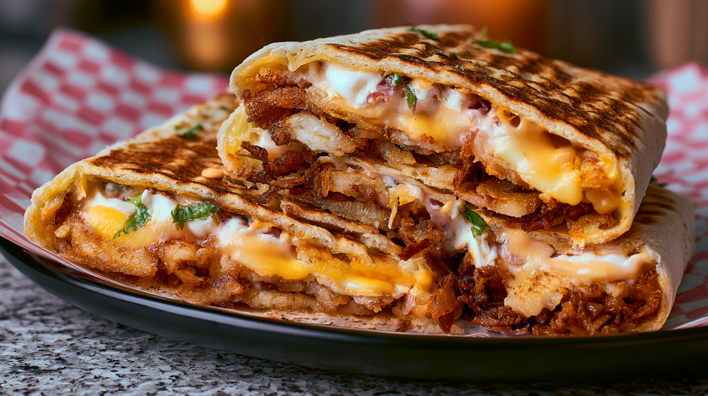 Tacos français grillé au poulet, fromage fondu et oignons